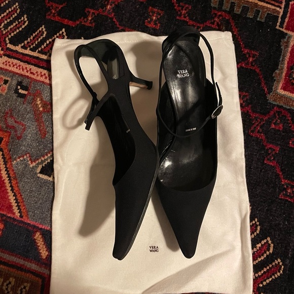 [39] VERA WANG Riky 50 Scarpa Black Crepe Satin Strappy Pointed Kitten Heel - Picture 2 of 5